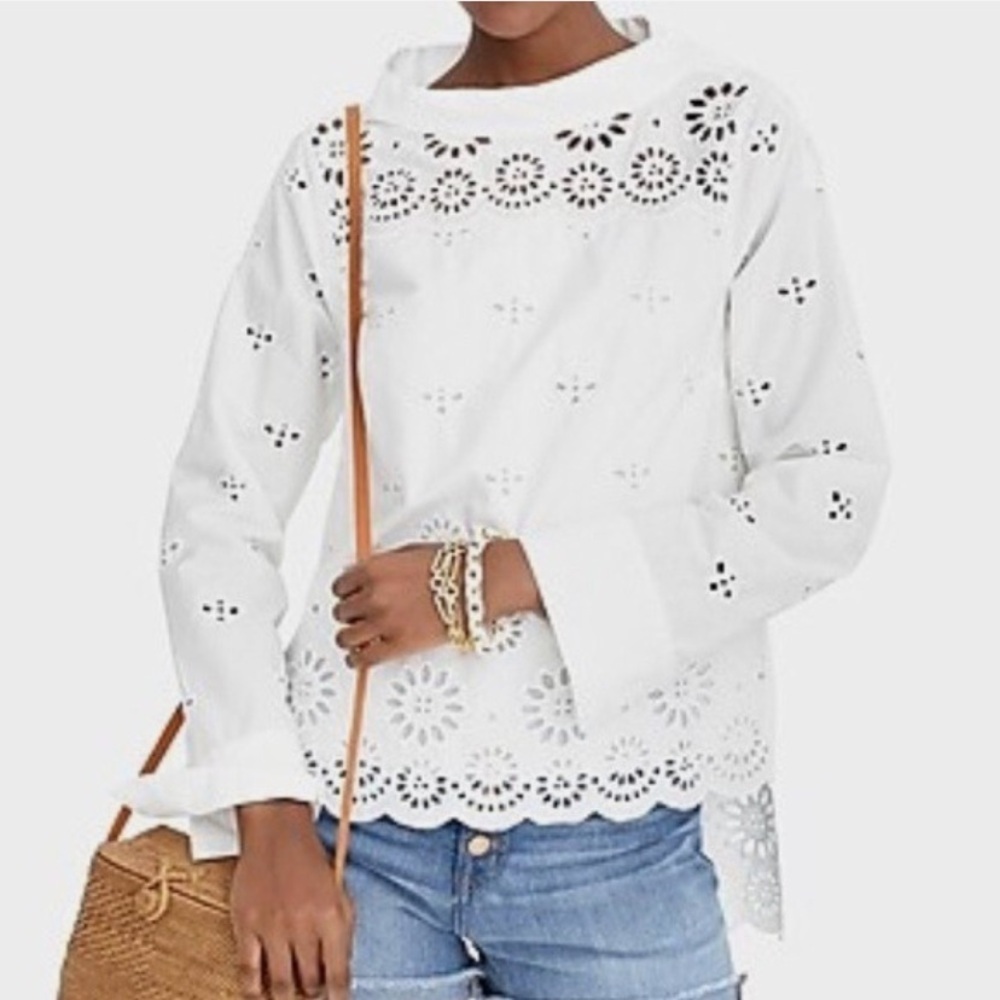 J CREW Funnel Neck White Eyelet Shirt Bee Flower Cottage Core Sz 2